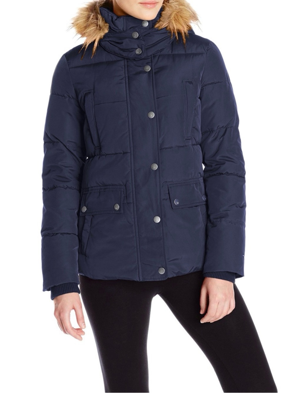 Tommy Hilfiger Navy Puffer Jacket with Faux-Fur Trim Hood